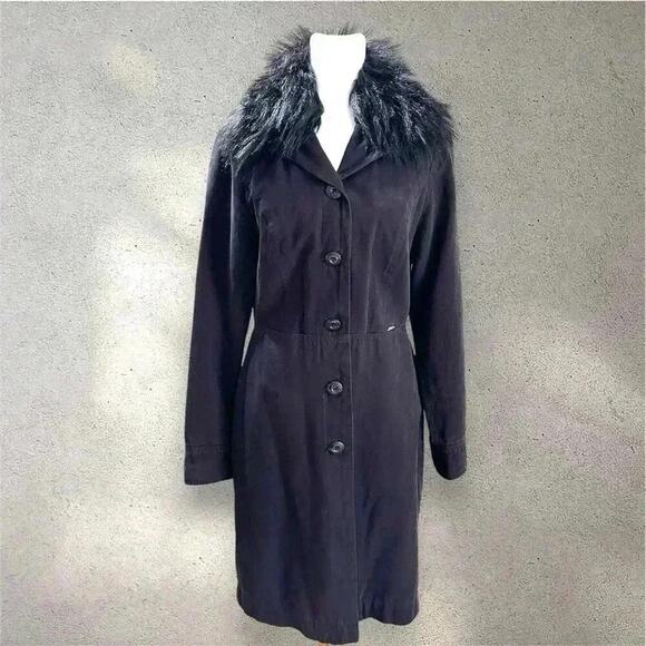 Vintage GUESS Faux Fur Mid Length Trench Coat RARE Jacket in Black Sz. Small - Picture 2 of 16